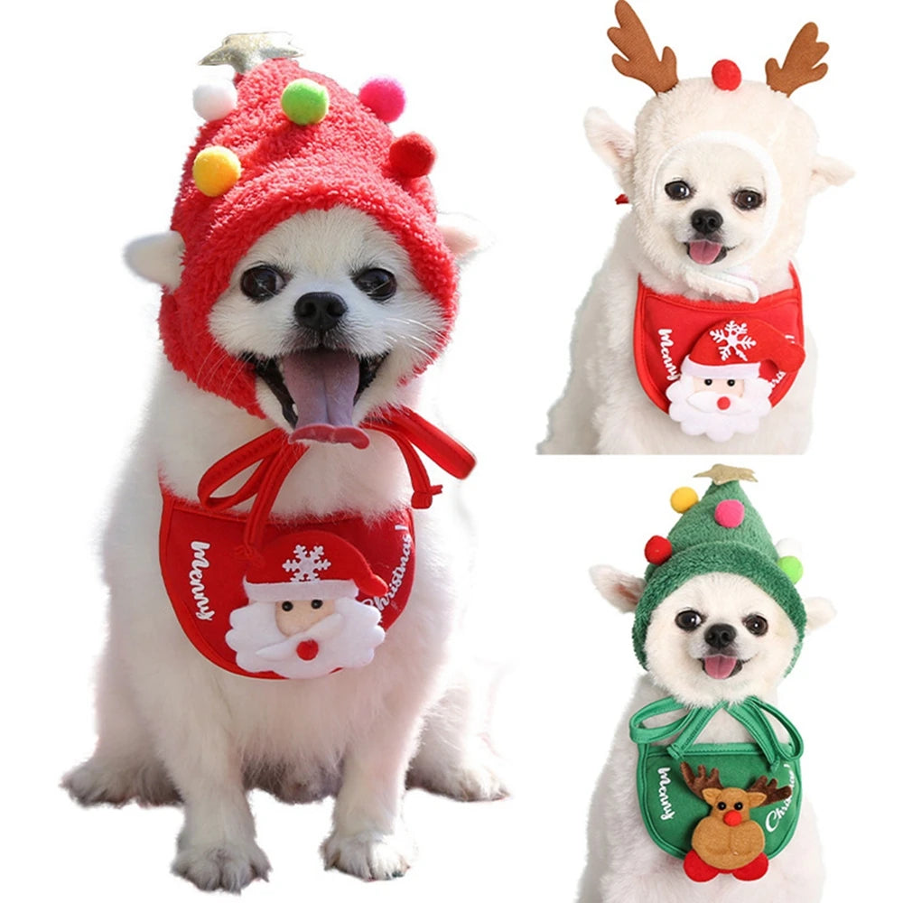 Christmas Pet Hat with Antlers and Saliva Towel for Small and Medium Dogs